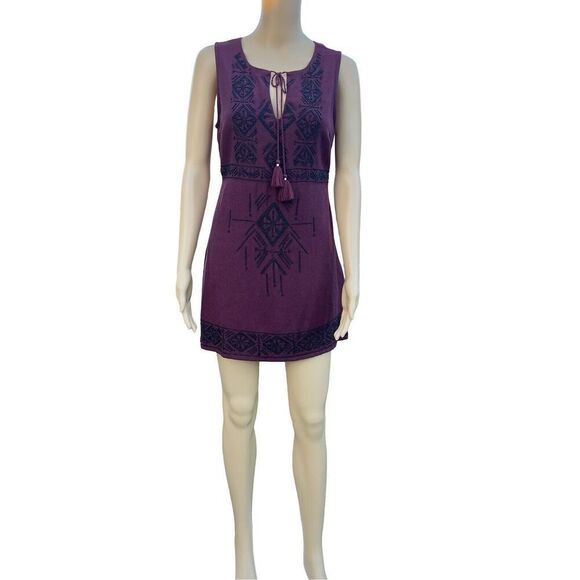 Abercrombie & Fitch Dress Women's Small Maroon Beaded Aztec Sleeveless Tie Neck - Picture 2 of 16